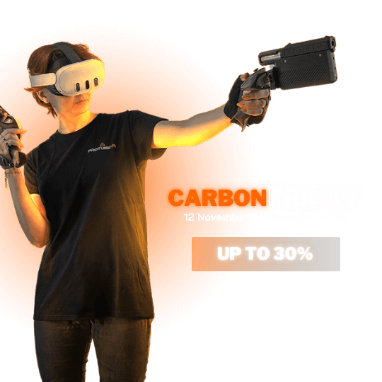 a virtual reality girl player using two provolver haptic pistol with a 30% discount sale